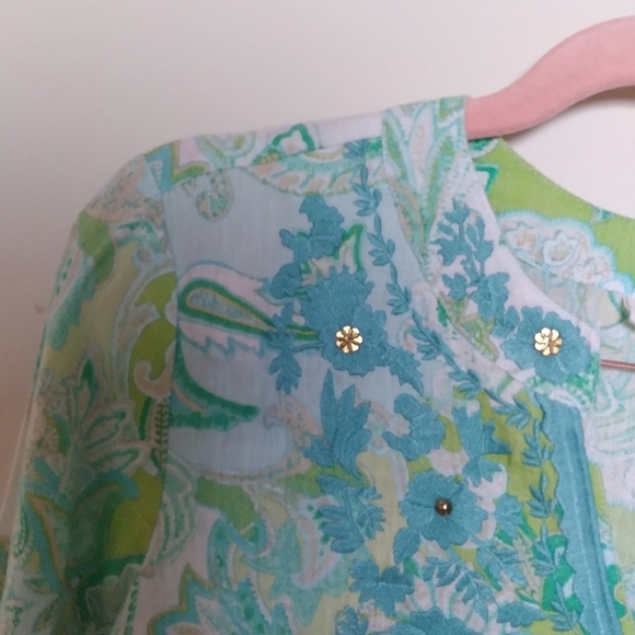 Charter Club Green Linen Quarter Sleeve Split Neck Paisley Blouse Size Small - Picture 3 of 10